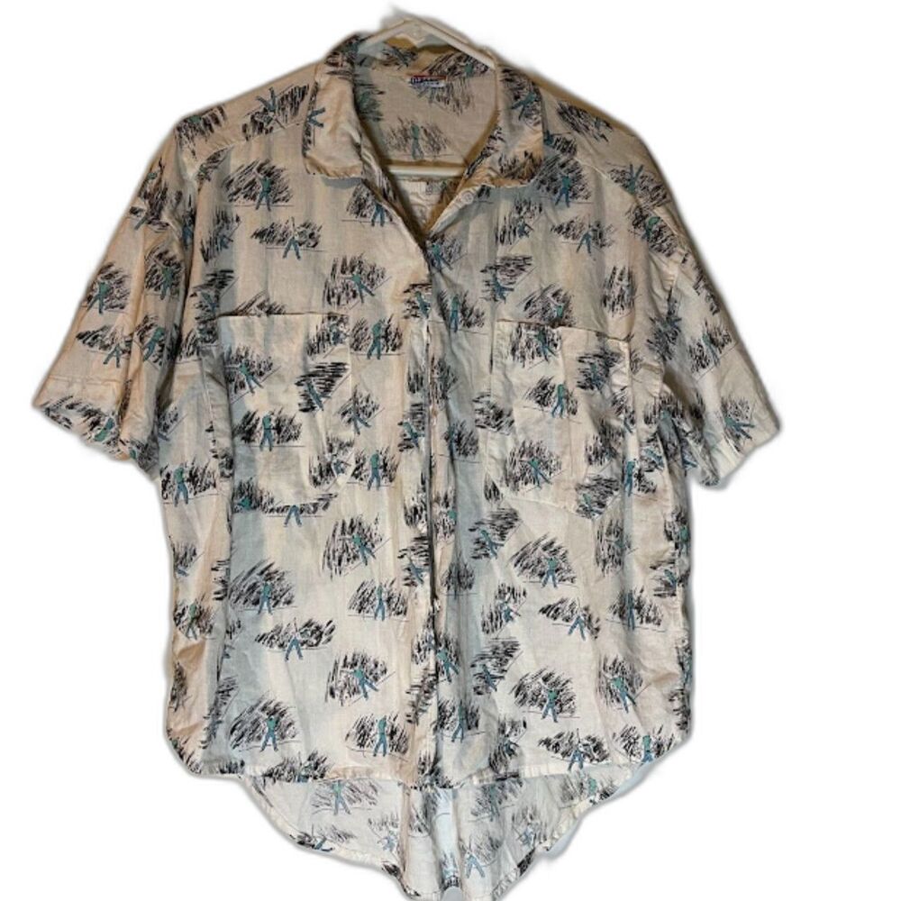 Vntg Mahudi Miami White w/Blue Music Performer Print Button Up Hi-Lo Shirt M/L*